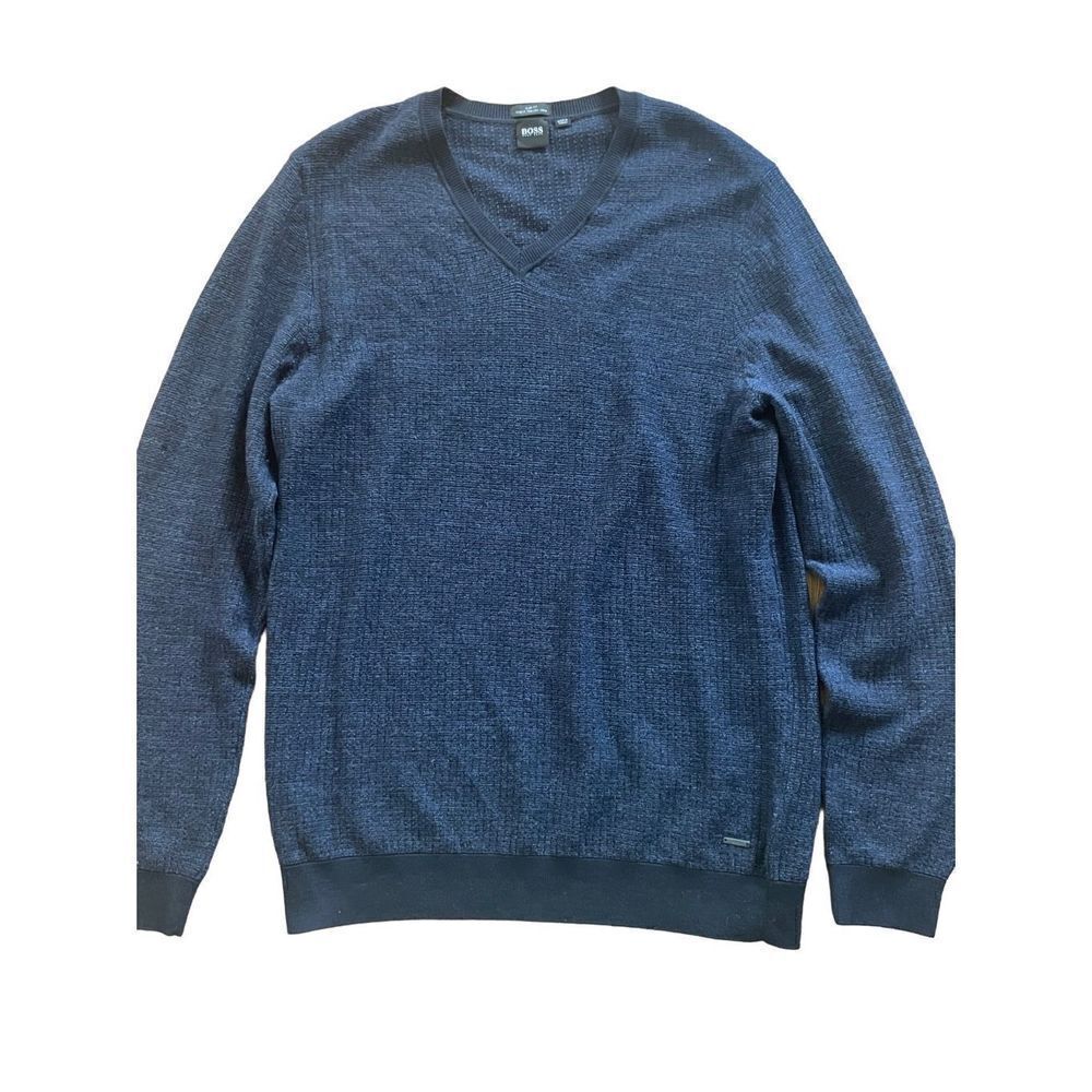 BOSS Hugo Boss navy blue Vneck 100% virgin wool sweater sz XL slim fit w…‎